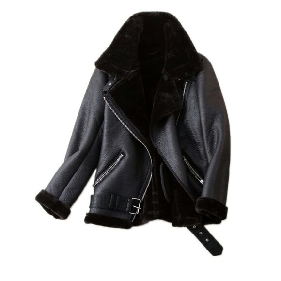 Women's Faux Shearling Moto Jacket Thick Lined Parka Winter Coat - Picture 1 of 8